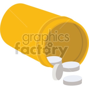 Clipart image of an open yellow pharmaceutical bottle spilling round white pills.