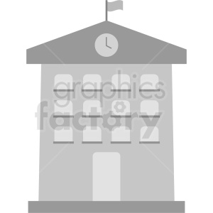 A grey-scale clipart image of a multi-story school building featuring a clock on its facade and a flag on top.