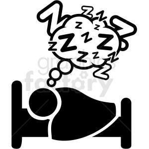   The clipart image depicts a person lying down in bed with closed eyes, indicating that they are asleep or sleeping. The image also includes a thought bubble above the person