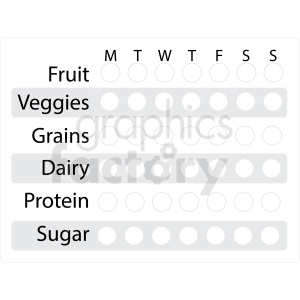 A weekly meal tracker chart in clipart form, showing columns for each day of the week (Monday through Sunday) and rows for different food categories including Fruit, Veggies, Grains, Dairy, Protein, and Sugar.