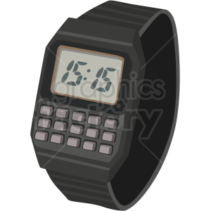 Clipart image of a digital wristwatch with a keypad and a digital display showing the time 5:15.