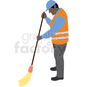 Clipart of a man in a hard hat and safety vest sweeping with a broom.