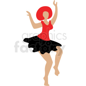 A clipart illustration of a woman dancing, featuring a figure in a red top and black skirt with arms raised in a dance pose.