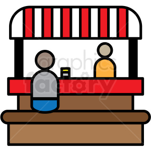 Clipart image of a market stall with a striped red and white canopy, a vendor behind the counter, and a customer standing in front.