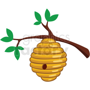 The clipart image shows a cartoon-style beehive made of honeycomb. The beehive is located in a tree, specifically on a branch, and there are leaves and flowers also visible around the branches. The overall theme of the image suggests honey production by bees in their hive.