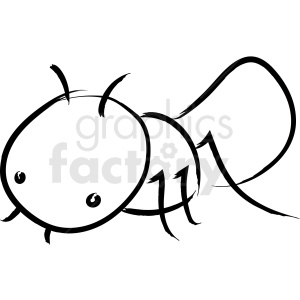 Simple black and white clipart of an ant with a large head, antennae, and small legs.
