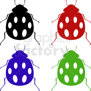Clipart image featuring four beetles in black, red, blue, and green, each with white spots on their backs.
