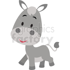 The clipart image shows a cheerful cartoon donkey. It features a smiling donkey with a light gray body, dark gray spots, and details, as well as a tuft of hair on its head and tail.