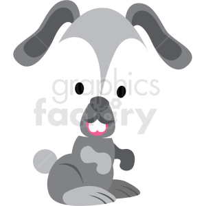 This clipart image features a cartoon depiction of a playful, happy puppy with predominantly gray coloring and some darker gray patches. The puppy has large floppy ears, a big smile showing a pink tongue, and a whimsical expression with large, round, black eyes. It appears to be sitting in a relaxed, casual pose.