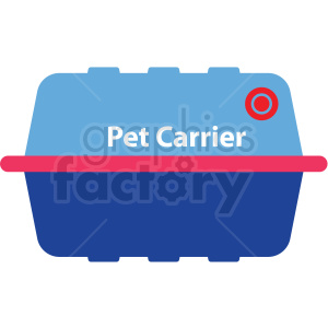Illustration of a blue and pink pet carrier with the text 'Pet Carrier' on it, used for transporting small animals.