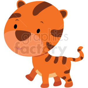 The clipart image depicts a cartoonish, stylized tiger. The tiger is illustrated in a simplified and friendly manner, suitable for children. It features characteristic orange fur with dark stripes, a cute face with a simplistic design, and a tail that curls at the end.