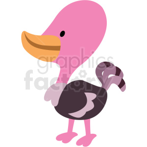 Cartoon illustration of a colorful bird with a large beak and predominantly pink and black feathers