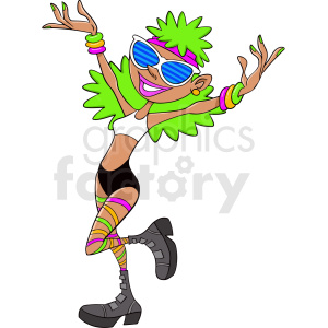 A vibrant cartoon character at a dance rave, wearing neon green accessories, colorful bracelets, striped leggings, and boots.