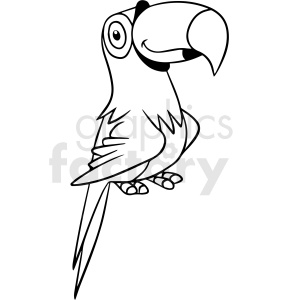 The image is a black and white line art illustration of a parrot. The parrot is in profile, perched, with its large beak, round eye, and detailed feathers distinctly shown.