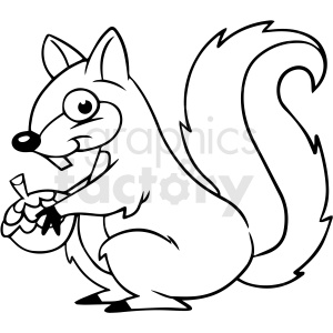 The image is a black and white line art drawing of a cartoon squirrel. The squirrel is standing upright and is holding an acorn in its front paws. It has a large, bushy tail and a playful expression on its face.