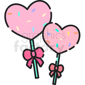 Two heart-shaped candy suckers with pink bows and sprinkles, themed for Valentine's Day.