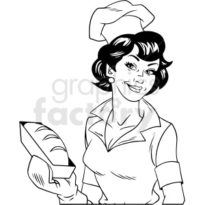 Black and white clipart image of a smiling female chef holding a loaf of bread.