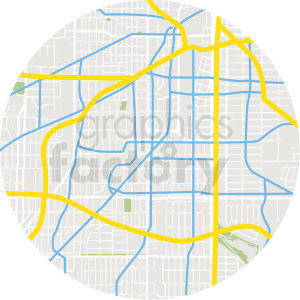 A vector clipart image depicting an aerial map with streets and highways highlighted in yellow and blue lines.