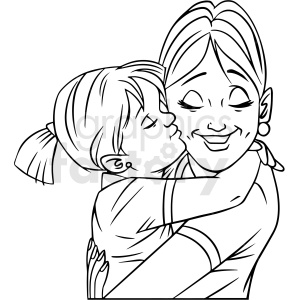 A line-art illustration of a mother and child in a loving embrace, with the child kissing the mother's cheek.