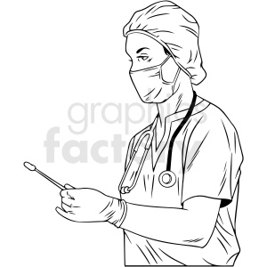 Line art of a medical professional wearing a mask and holding a swab.