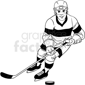black and white hockey player skating with puck clipart