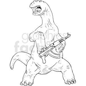 The clipart image features a stylized dinosaur standing upright on two legs, holding a gun in its front claws. The dinosaur resembles a Tyrannosaurus Rex with its large head, sharp teeth, and small arms.