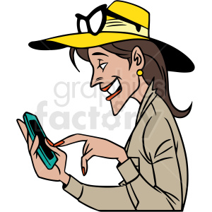 A woman is laughing while looking at her phone, possibly engaged in social media.