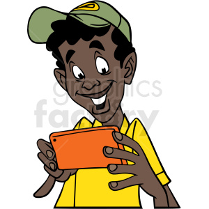 african american boy laughing at his phone vector clipart