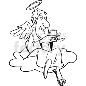 Cartoon illustration of a cheerful angelic man sitting on a cloud using a smartphone, featuring wings and a halo.