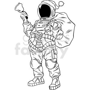 A clipart image of an astronaut dressed as Santa Claus, holding a bell and carrying a sack.