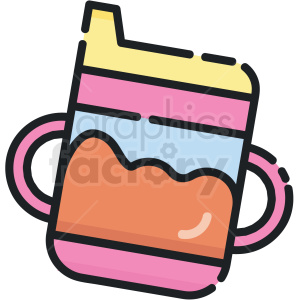 The image depicts a colorful sippy cup with a straw. The cup has bands of yellow, pink, blue, and orange colors, with the beverage appearing to fill the orange section.