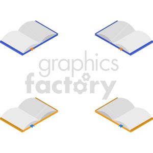 Isometric clipart of four open books, two with blue covers and two with yellow covers, each featuring bookmarks.