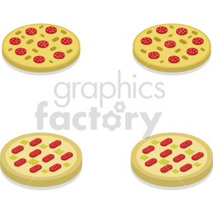 A clipart image featuring four pizzas viewed from above, with two types of toppings: one with red pepperoni slices and green peppers, the other with red salami and yellow cheese.