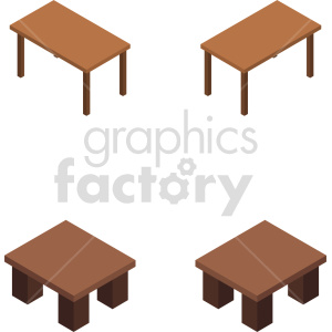 Isometric clipart image depicting four different table designs. The tables are simple and brown in color, viewed from an angled perspective.