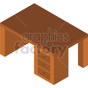 Isometric clipart image of a wooden desk with three drawers on one side.