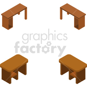 Isometric clipart of four brown office desks arranged in a square formation, with two desks featuring rectangular tops and two desks featuring rounded edges.