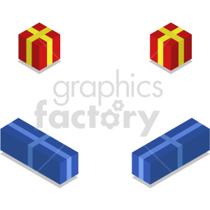 Isometric clipart of holiday gift presents in red and blue wrapping with ribbons.