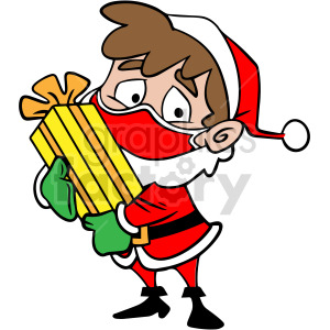 Cartoon character in a Santa outfit holding a wrapped gift, wearing a face mask 