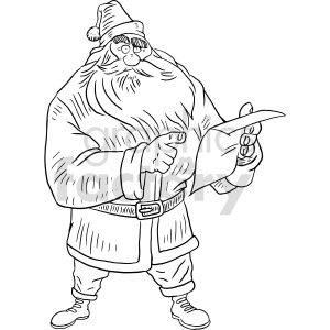 Black and white clipart of a traditional Santa Claus figure holding a list.