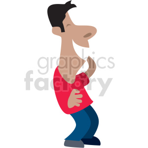 A cartoon image of a man laughing with hands on his stomach, wearing a red shirt and blue pants.