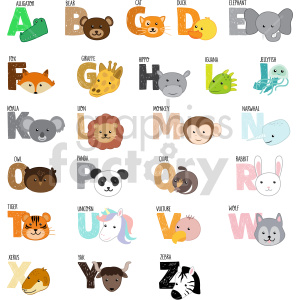 A clipart image of animals representing each letter of the alphabet, including an alligator, bear, cat, duck, and more.