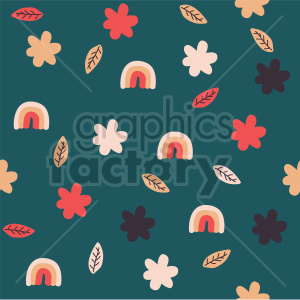 This clipart image features a pattern with colorful flowers, leaves, and rainbows on a dark teal background.