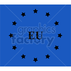 The image displays a stylized representation of the flag of the European Union (EU). It features a central blue field with a circle of black stars and the letters EU in the center. The stars symbolize the unity and identity of Europe.