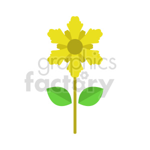 A simple yellow flower clipart with green leaves, set against a white background.