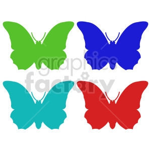 The image contains four stylized butterflies, each a solid color. The top left butterfly is green, the top right is blue, the bottom left is turquoise, and the bottom right is red. Each butterfly has a simple outline and is depicted with its wings spread, showcasing a symmetrical design.