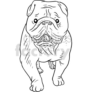 Line art of a walking bulldog with a characteristic wrinkled face.