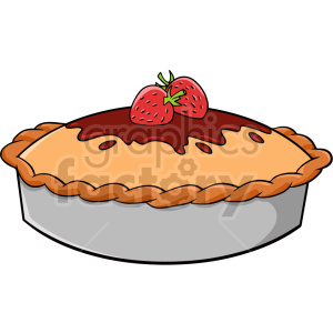 A clipart image of a pie with a golden crust, topped with a chocolate layer and two strawberries.