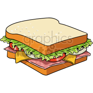 A clipart image of a sandwich made with white bread. The sandwich contains layers of lettuce, tomato, ham, cheese, and onion.