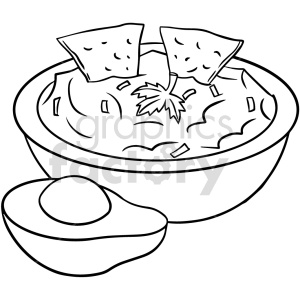 A clipart image depicting a bowl of guacamole with two tortilla chips and an avocado beside it.