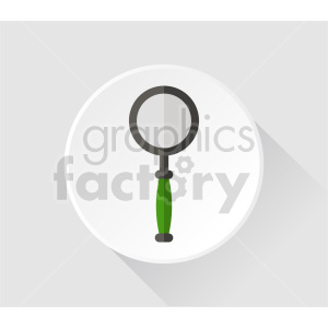 A simple clipart image of a magnifying glass with a green handle on a round white background.